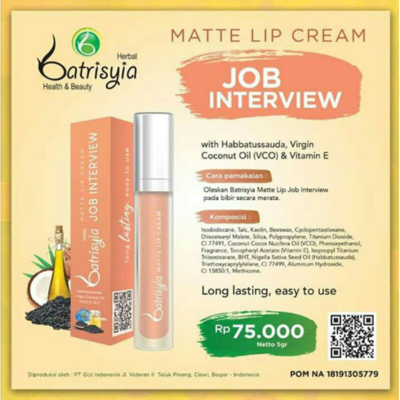 Lip cream batrisyia ,lipstik longlasting lipstick waterproof,tidak berbekas,halal,herbal,aman,BPOM