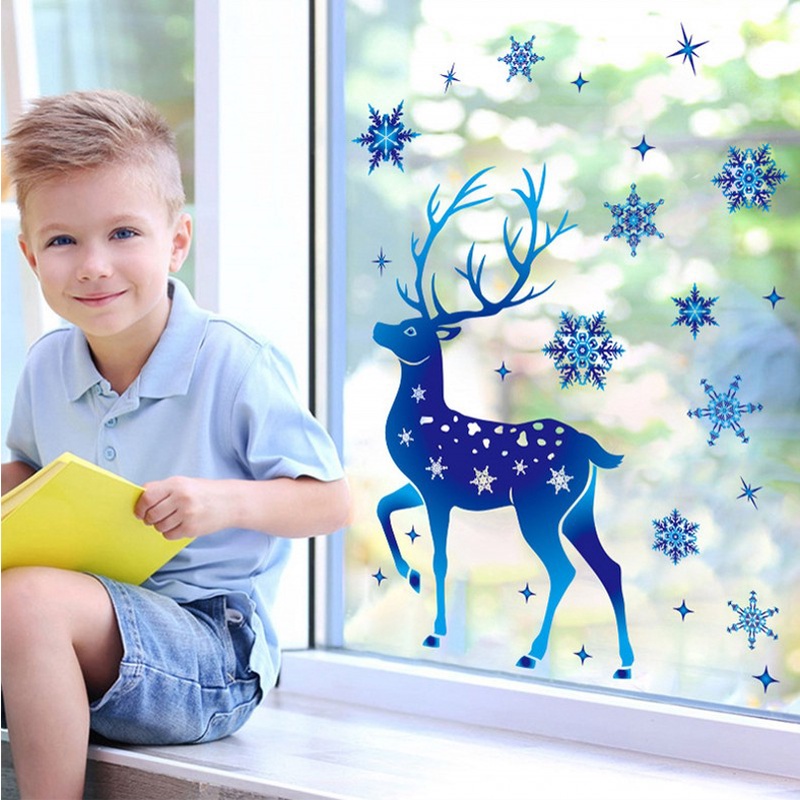 [Removable Christmas Snowflake Window Stickers] [Blue Snowflake Elk PVC Wall Glass Stickers For Home New Year Xmas Party Decor Noel]