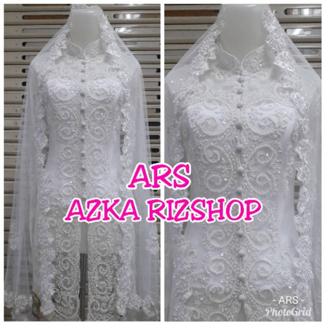 SET KEBAYA AKAD NIKAH PUTIH KERAH SYANGHAI MODERN + manset lycra manset muslim