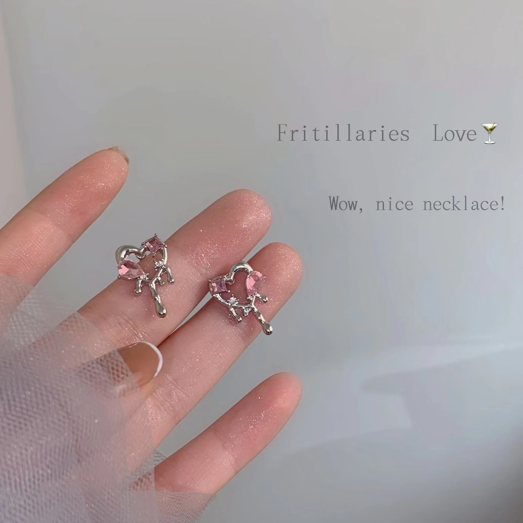 YEEZII Anting Stud Kristal Bentuk Hati Warna Hitam Pink Bahan Silver Untuk Wanita