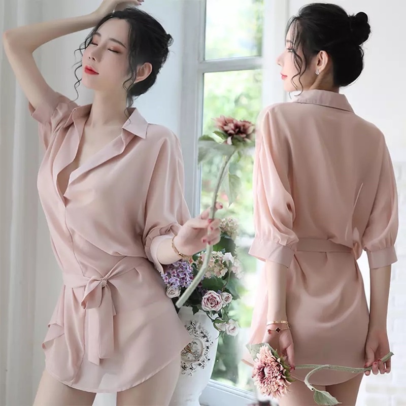 zu9042 Babydoll Berkerah Kemeja Kantong Lingerie Sleepwear Chiffon Putih White Hitam Blac kAa8495 Bb1490-Zu9068 - Pink