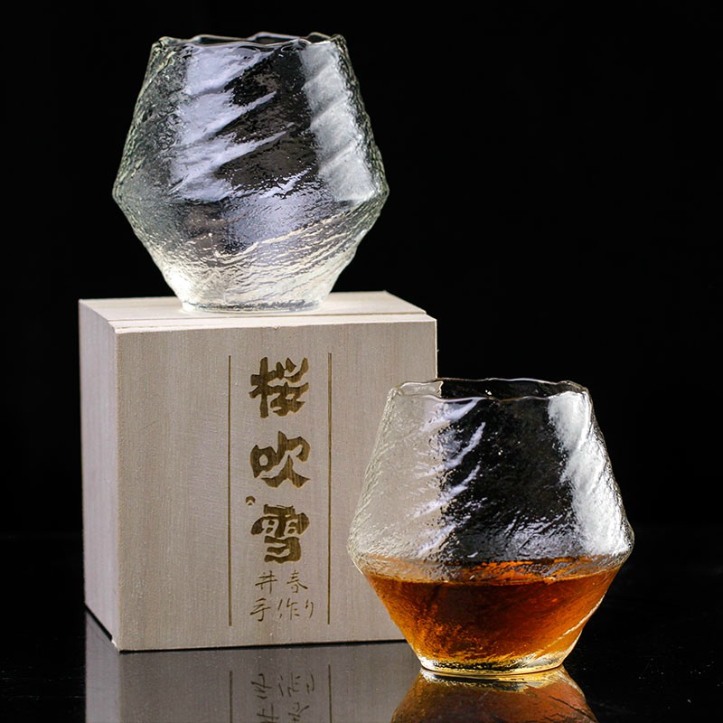 Japan EDO Blowing Snow Artwork Whiskey Neat Glass Wood Gift Box Niche Liquor XO Whisky Crystal