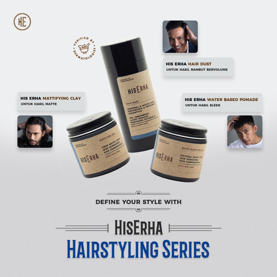 HIS ERHA Paket Pomade Pria Water Based + Powder Rambut Natural Look