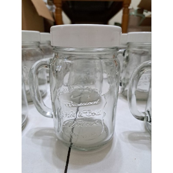 Gelas Jar Kaca Embossed / Gelas Teh / Gelas Mug / Drink Jar + Tutup Diameter 7 cm