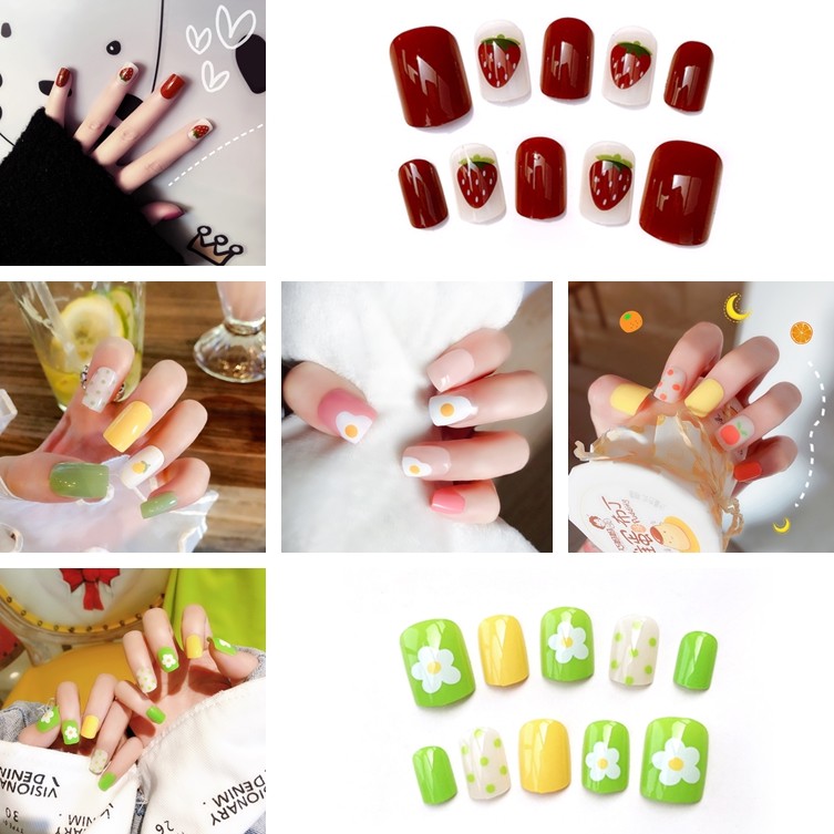 AZUZ.ID 24pcs Kuku Palsu Dengan Lem Motif Cherry Strawberry Leopard Warna Gradasi Ungu Merah Untuk P