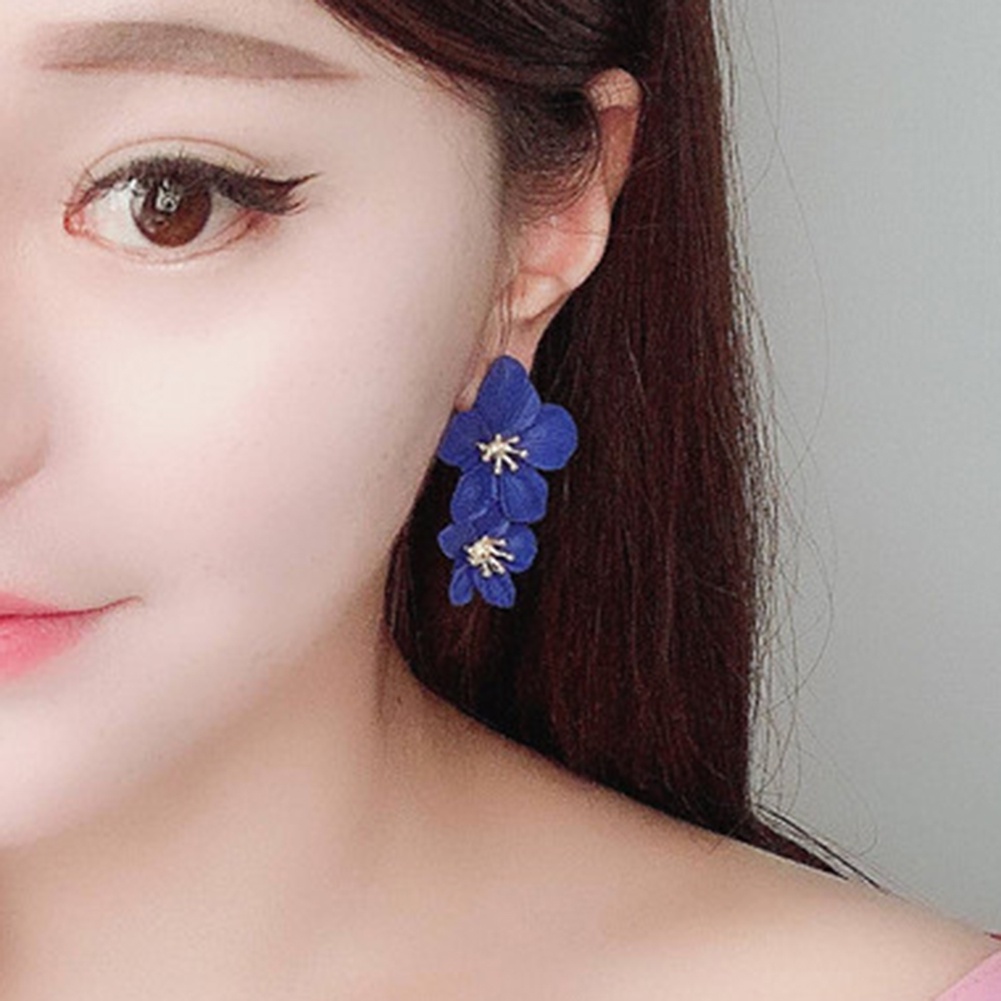 Hu Hu Hu Hu Hu Alat Bantu Pasang Kacamata♡ Anting Tusuk Gantung Wanita Desain Bunga Ganda Warna Polos Untuk Pesta