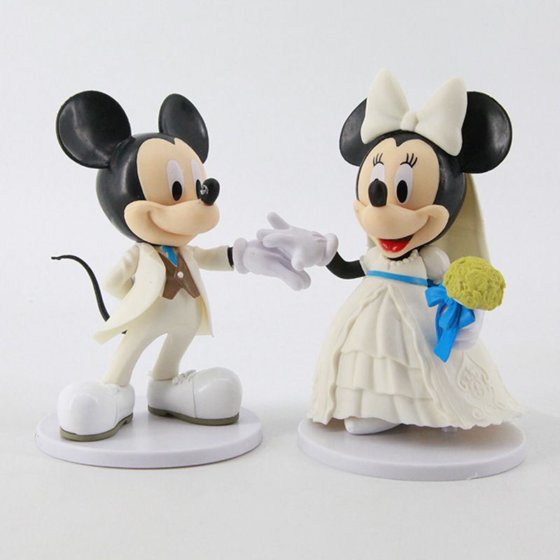 2pcs Disney Mickey Minnie White Wedding Dress Figure Doll Cake Topper Gift