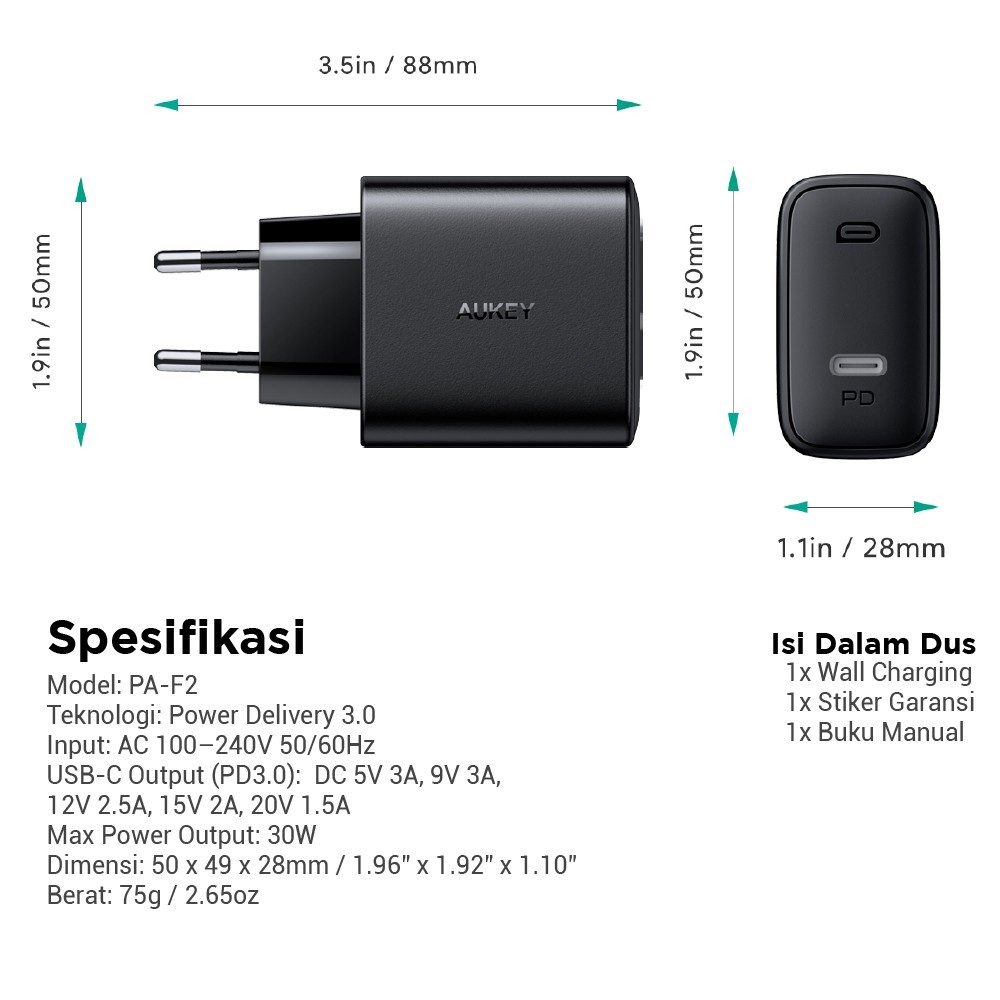 Aukey Charger PA-F2 Swift Series 30W PD Charger Original Garansi Resmi Aukey