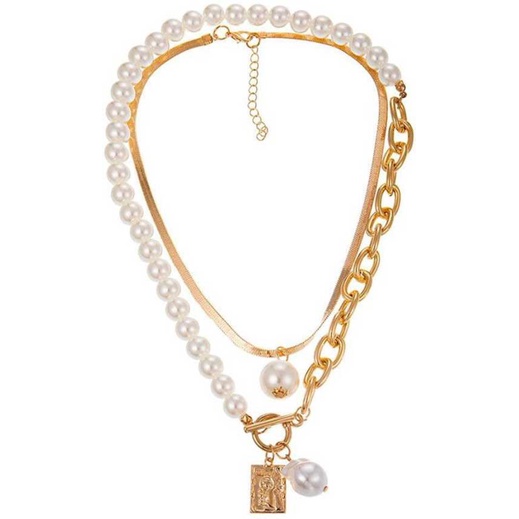 Kalung Mutiara Rantai Multilayer Double Layer Rantai Pipih dengan Liontin Bandul Mutiara Dalika