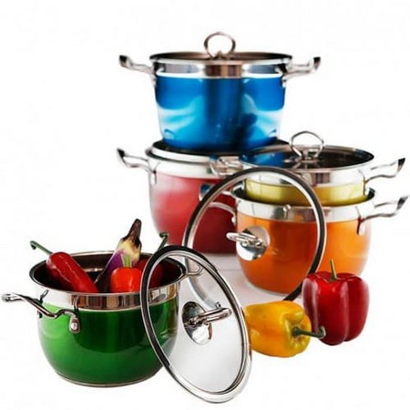 Panci Korea Set Warna Warni Korean High Pot 10 in 1 Tutup Kaca Perlengkapan Masak Dapur Rumah Stainless Steel Serbaguna Sauce Steam Boil Cookware