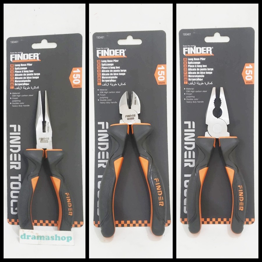 Tang jepit ujung rata kombinasi diagonal potong lancip long nose pliers 6 inch 6&quot; gagang karet premium finder