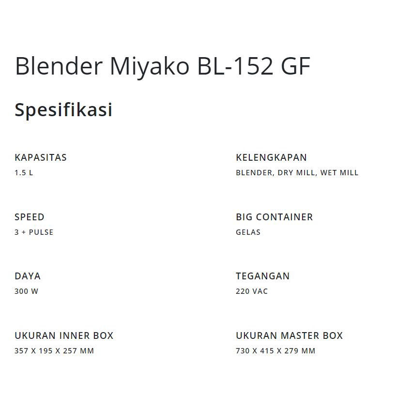 MIYAKO BL-152 GF Blender Kaca 3 IN 1 (1.5 Liter) / BL152GF / BL-152GF