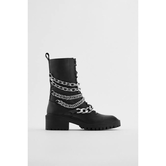 ZARA CHAIN TRIM LOW HEELS LEATHER ANKLE BOOTS (NEW ORIGINAL STORE)