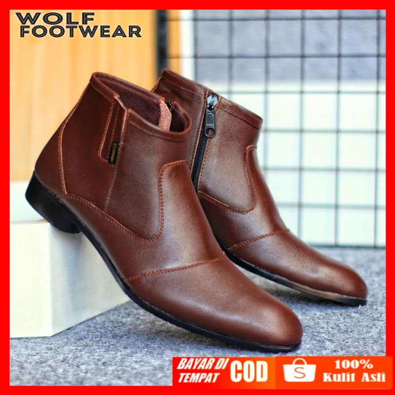 WOLF x FOX Sepatu Pantofel Cevany boots zipper resleting Original formal kerja kantor kulit asli