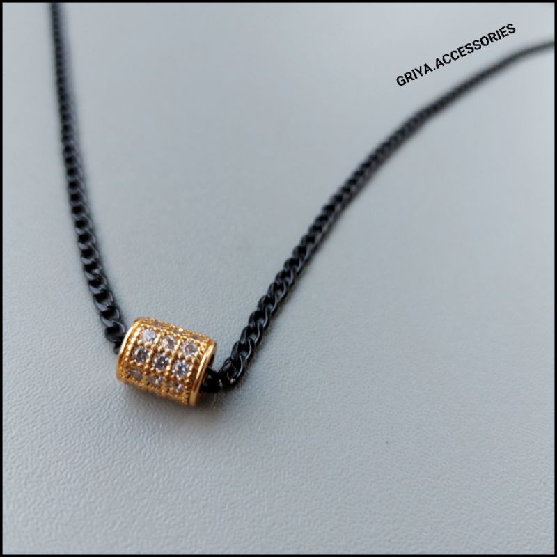 Kalung Rantai Stainless Steel Hitam Mix Liontin Cubic Zirconia Lapis Emas 18k Gold Premium