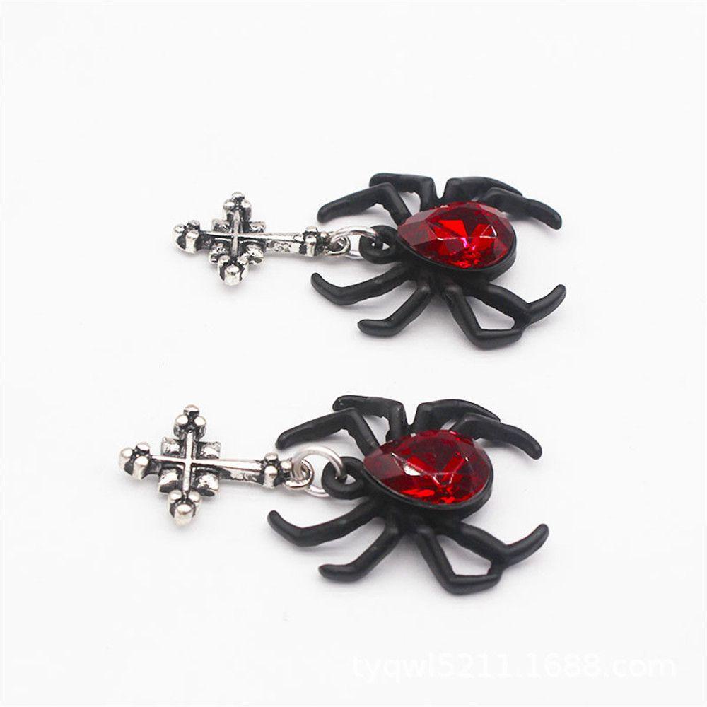 R-bunga Halloween Anting Logam Wanita Gantung Gaya Punk Gothic Retro Berlian Imitasi Merah