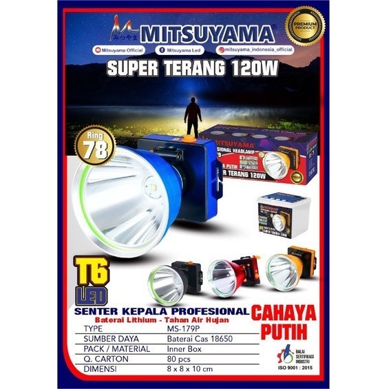 Barangunik2021-Senter Kepala LED Cahaya Putih T6 120 Watt Mitsuyama MS-179P Headlamp