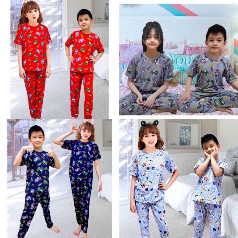 Baju Tidur Anak Lengan Pendek Celana Panjang/Setelan Kaos Piyama Motif Terbaru Usia 1-12Tahun MALVIN