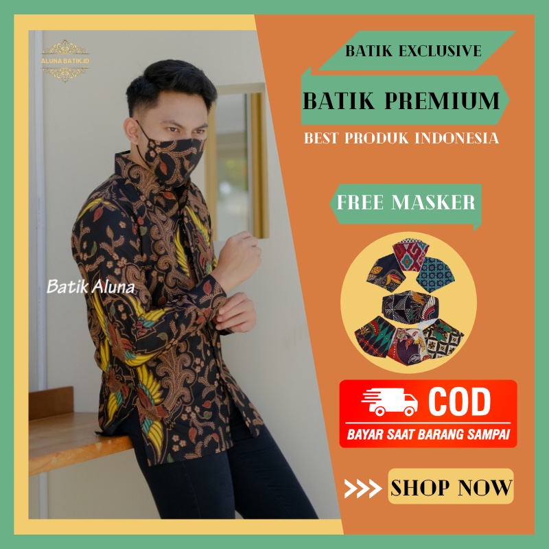 BAJU BATIK PRIA LENGAN PANJANG PREMIUM FULL KATUN FURING GRATIS MASKER BATIK COWOK KEKINIAN PCW 064