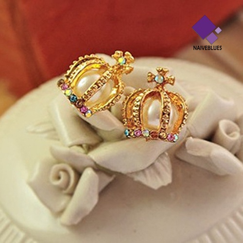 Anting Stud Desain Mahkota Princess Warna-Warni Aksen Mutiara Berlian Imitasi