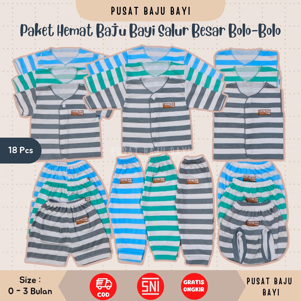 Paket Hemat Setelan Baju Bayi 9 Stel / 18 pcs Motif STRIPE SERIES merk SNI BOLO - BOLO