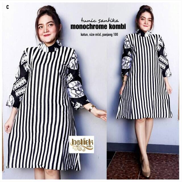 Santika Monochrome Kombi Abu Batik Modern Midi Dress Casual Kerja Seragam Kantor