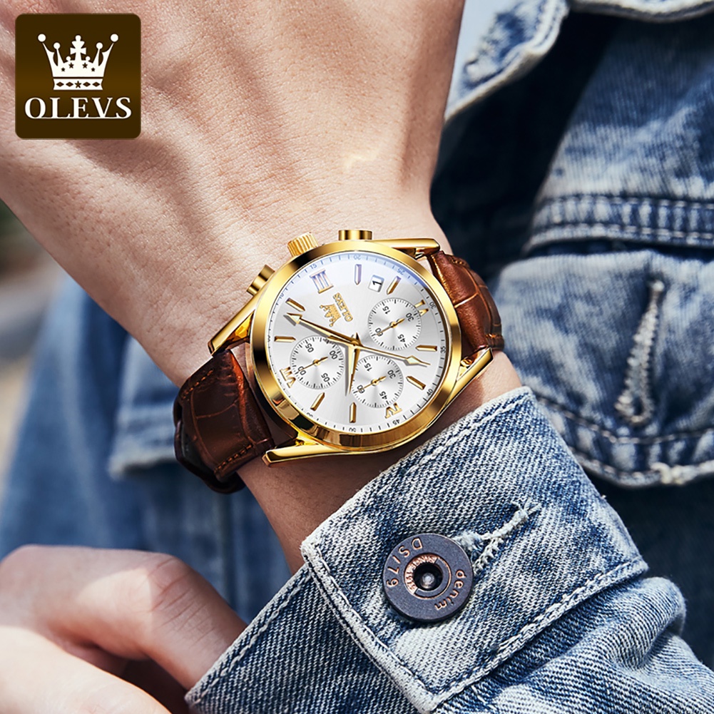 OLEVS Jam Tangan Pria Anti Air Original Asli Kulit Tahan Keren Ori Hitam Coklat Luxury Chronograph Watch Men Multifungsi