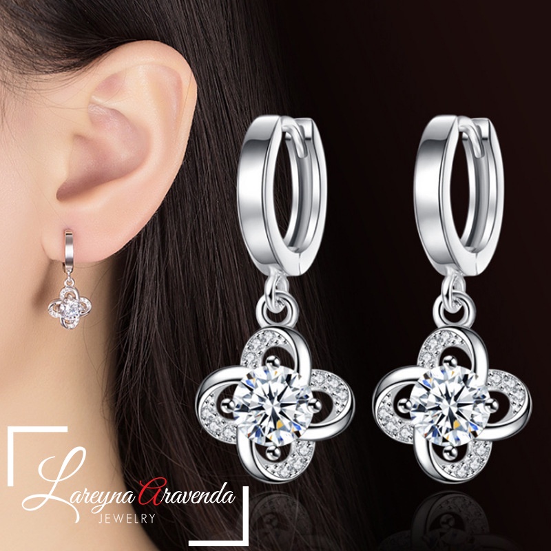 Anting Wanita Silver S925 Lapis Emas 18k Model Bunga Gantung AT045