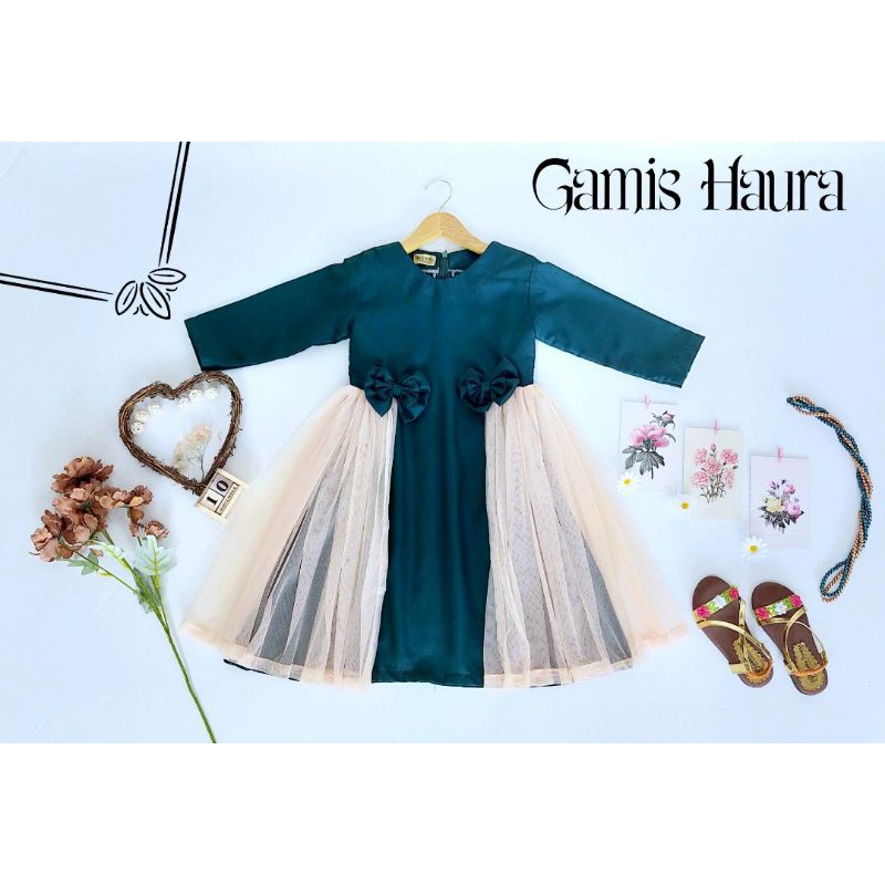 Gamis Anak Cantik Model Haura Warna Hijau Botol Busana Muslim Lebaran Dress Anak Ultah