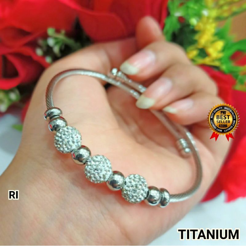 GELANG TANGAN WANITA TITANIUM ASLI BAHAN LAPIS EMAS PUTIH