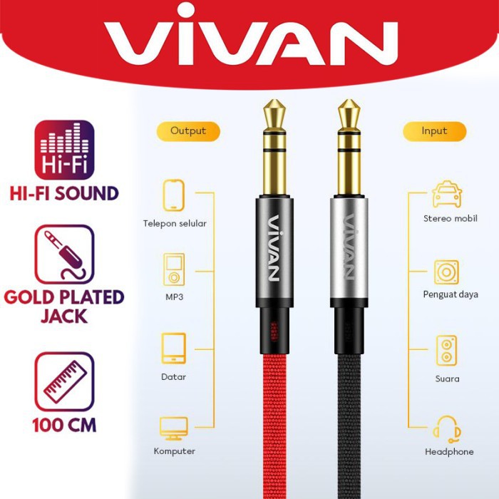 KABEL AUDIO 3.5 AUX VIVAN AUX01 100CM ORIGINAL Hi-Fi SOUND GOLD PLATED