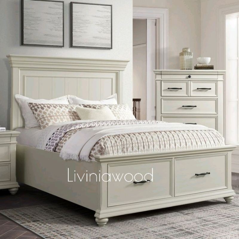 Dipan laci minimalis duco 160x200, tempat tidur sorong ivory