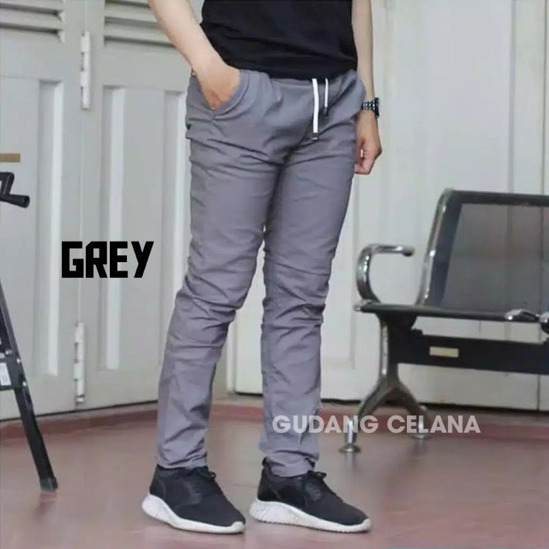 Celana chinos panjang rip pinggang karet polos pria premium quality