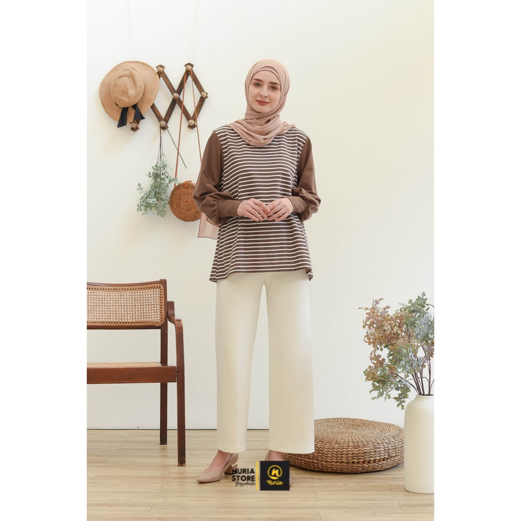 [ NURIA ] Aara Balloon Stripe Tops Mocca M15741 R109S1