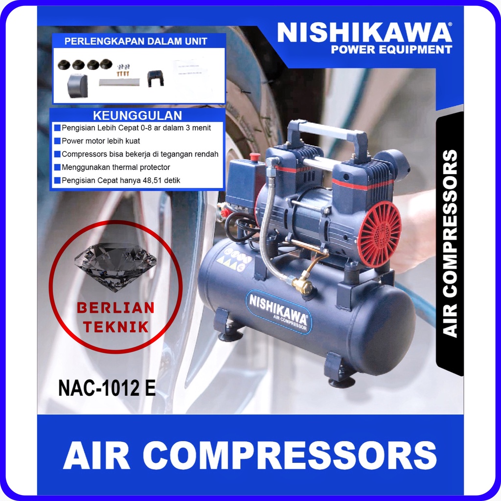 Air Compressor Oil Less Nishikawa NAC 1012 E Kompresor Angin Tanpa Oli 12 Liter