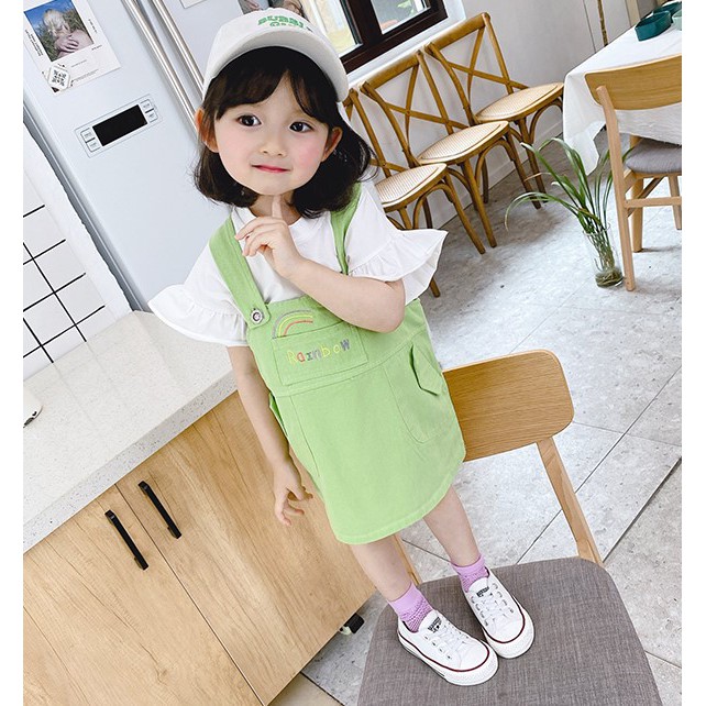 KF Cat Dress Overall Anak Perempuan Motif Rainbow Kaos Pendek Import Korea Style 1-4 Tahun Anak Cewek Set-Hijau