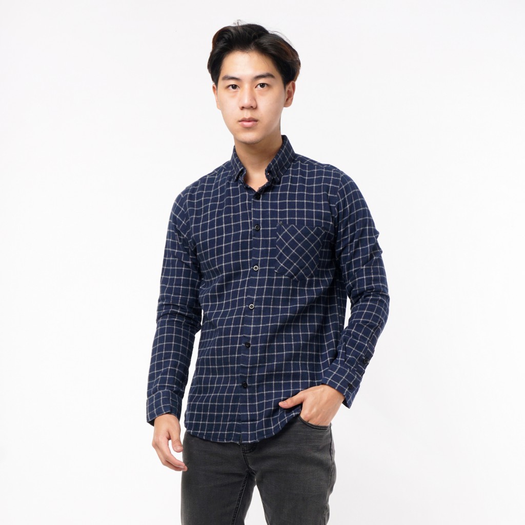 SANVANINA Kemeja Flannel Lengan Panjang Rocky Checked Navy | Kemeja Flanel Pria Slim Fit E-1547