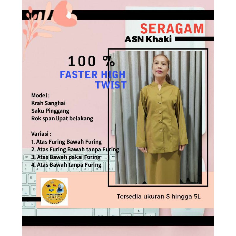 Setelan seragam ASN Kheki Krah Sanghai berbagai bahan (Baju rok tanpa furing)