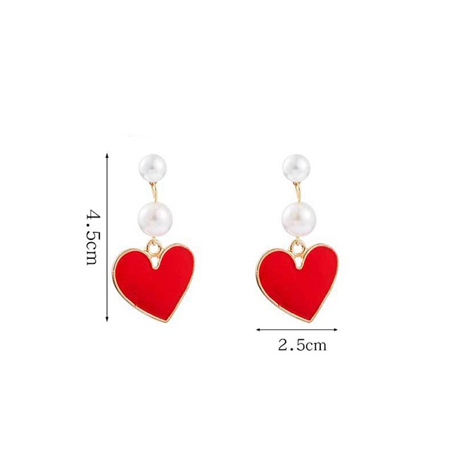 LRC Anting Tusuk Fashion Red Love Artificial pearl Earrings D44790