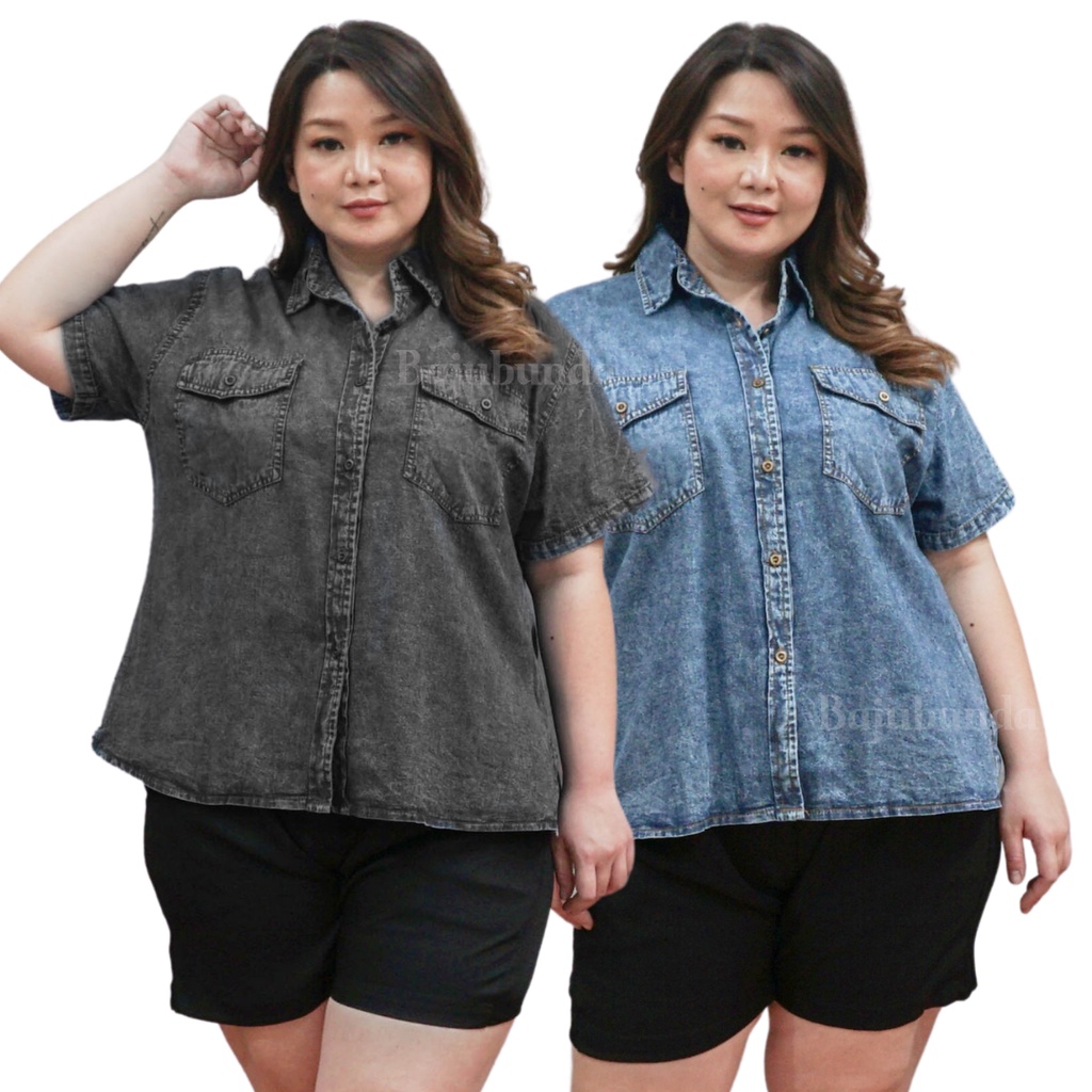 LD 120 KEMEJA WANITA JUMBO OVERSIZE BAJU BIG SIZE DENIM JEANS BAJUBUNDA IRENE