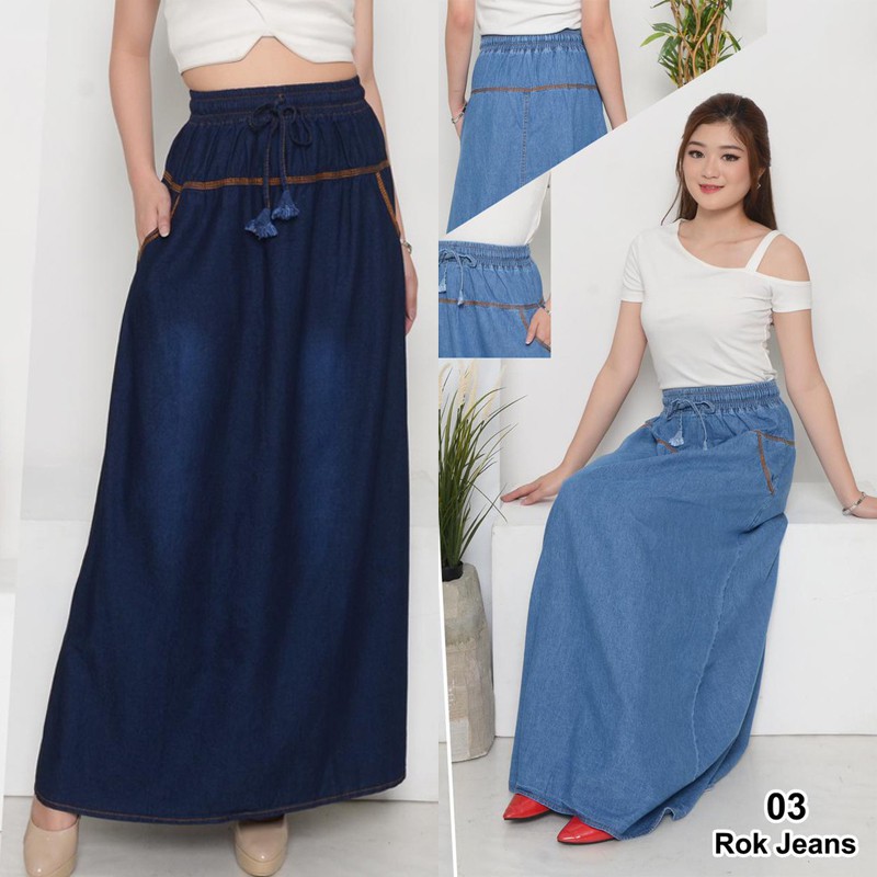 Rok Jeans Panjang Wanita Pinggang Karet Kekinian - Rok Panjang Wanita Cewek Fashion-3