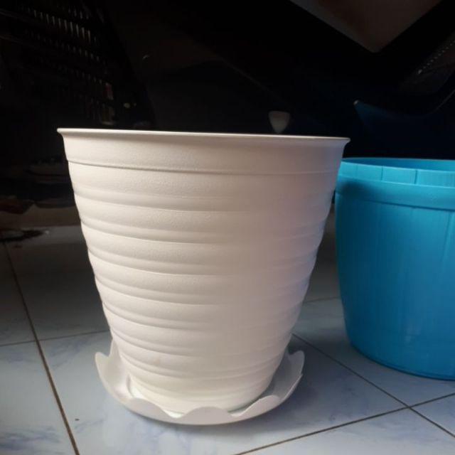 Pot Bunga Tawon Putih Tinggi (pirus) 24cm + Tatakan Putih