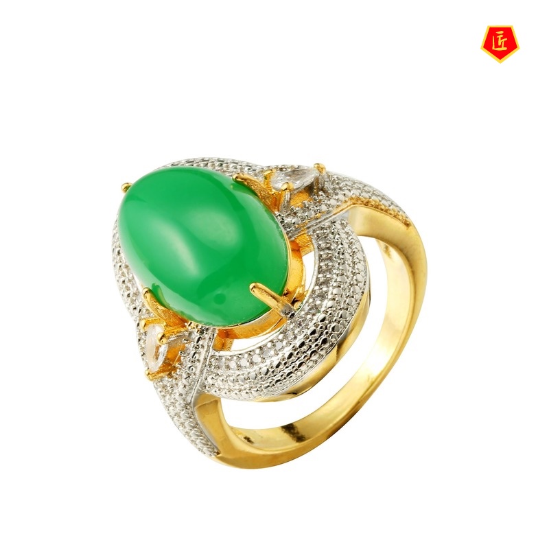 [Ready Stock]18K Gold Color Separation Inlaid Green Chalcedony Full Diamond Ring Luxury Elegant