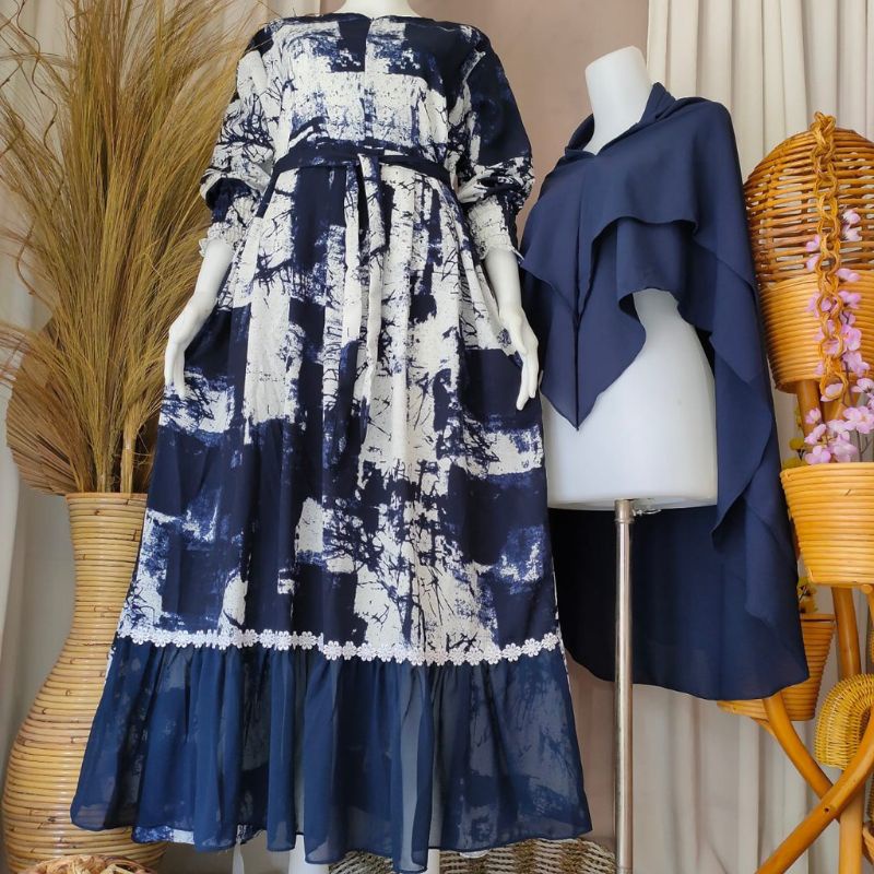 GAMIS SET HIJAB RENDA MOTIF ABSTRAK/KERUDUNG CERUTY 2LAYER