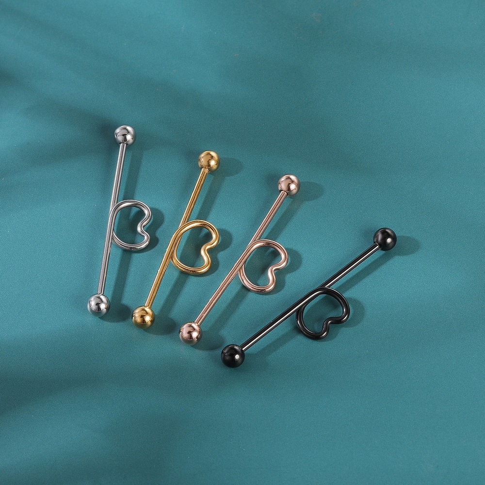 1pc Anting Stud Bentuk Hati Barbel Panjang Lurus Bahan Stainless Steel 4 Warna 14g Untuk Tindik Telinga