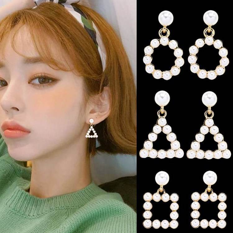 Gaya Korea Dongdaemun semua pertandingan mutiara anting-anting square round perak stud anting-anting