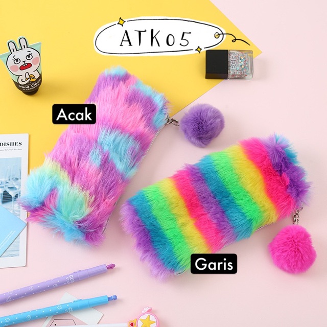 Tempat pen Bulu Fur Unicorn ATK04 Pom ATK05 kotak pensil case