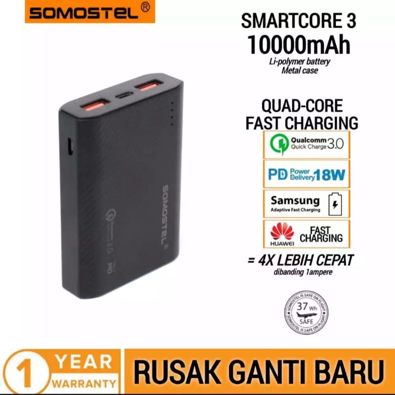 Samostel Power Bank Smartcore 3 10000mAh PD + QC 3.0 Fast Charging Quick Charge Garansi Resmi