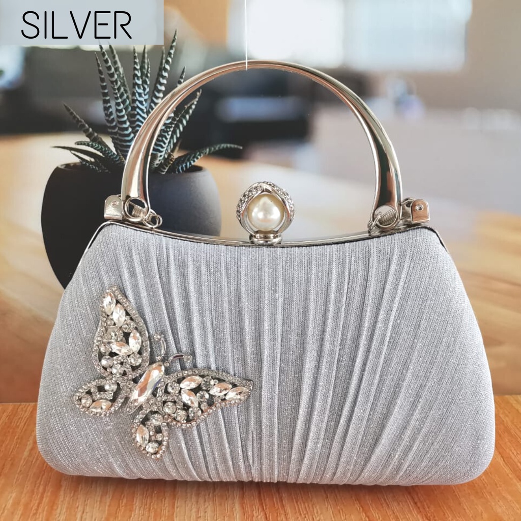 Tas Pesta Import Kondangan Wanita Kristal Glitter Mewah Murah Kupu Kupu Kain Swarovski 7088210-11