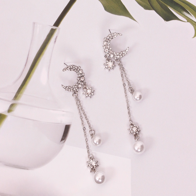 Anting Rumbai Panjang Desain Bulan Sabit Aksen Berlian Imitasi Bahan 925 Silver Needle Gaya Korea Untuk Wanita